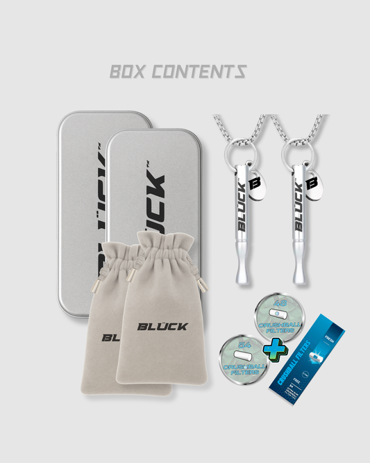 Bluck™  Two Stainless Steel Necklace Pack – 2 Inhalers + 48 + Box of 54 Aroma Filters Crushable (Perfect for sharing or backup use)