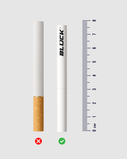 Visual comparison of BLÜCK inhaler and standard cigarette showing accurate size difference.