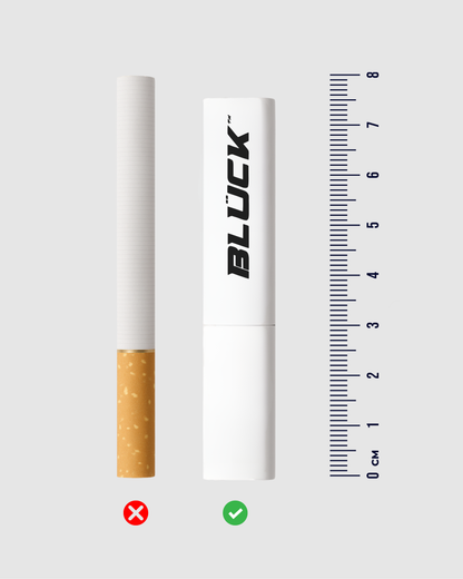 Visual comparison of BLÜCK xl dual-filter inhaler and standard cigarette showing accurate size difference.