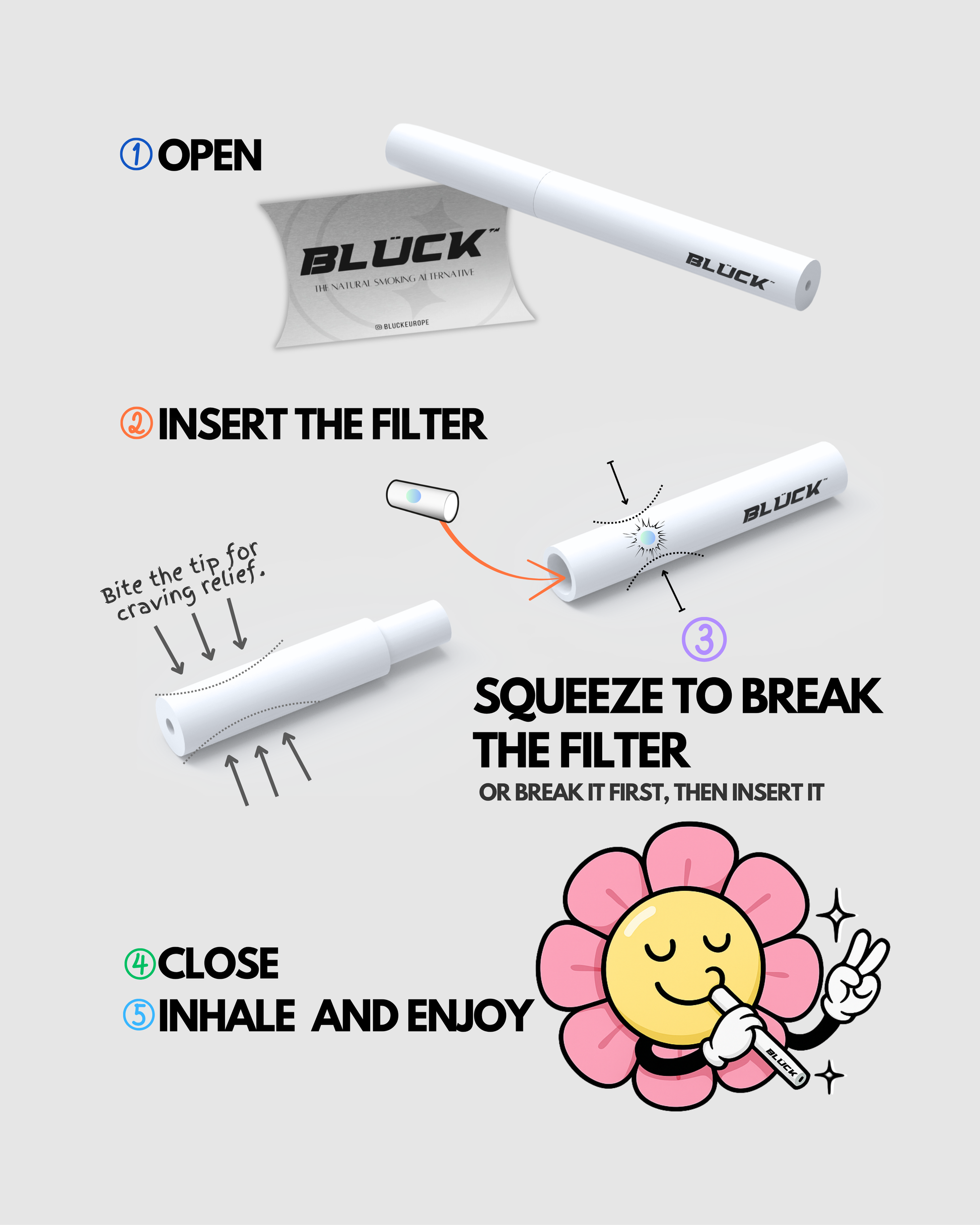 Step-by-step guide showing how to use the Blück inhaler – a nicotine-free, smokeless, and eco-friendly alternative to support quitting smoking. Simple and safe to use.